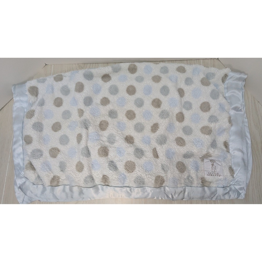Little Giraffe Small Baby Blanket Blue Gray Tan Polka Dot Satin Trim USED 31x35"